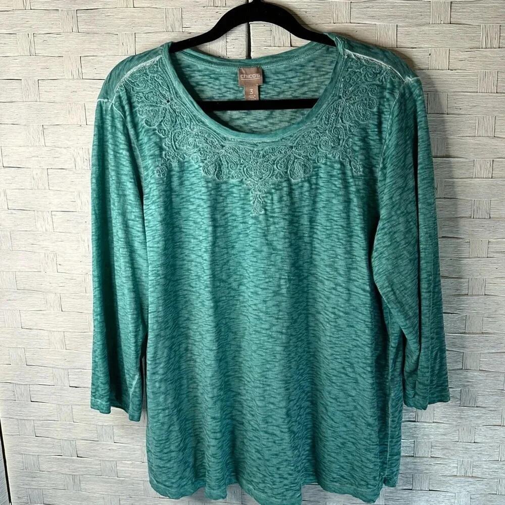 Chicos Womens Blouse embroidered 3/4 length sleeve bohemian hippie festival teal